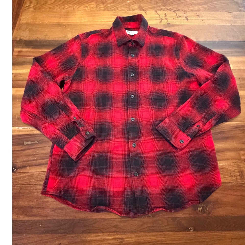 Gap Mens Flannel Shirt Medium Red Black Buffalo Plaid Standard Fit